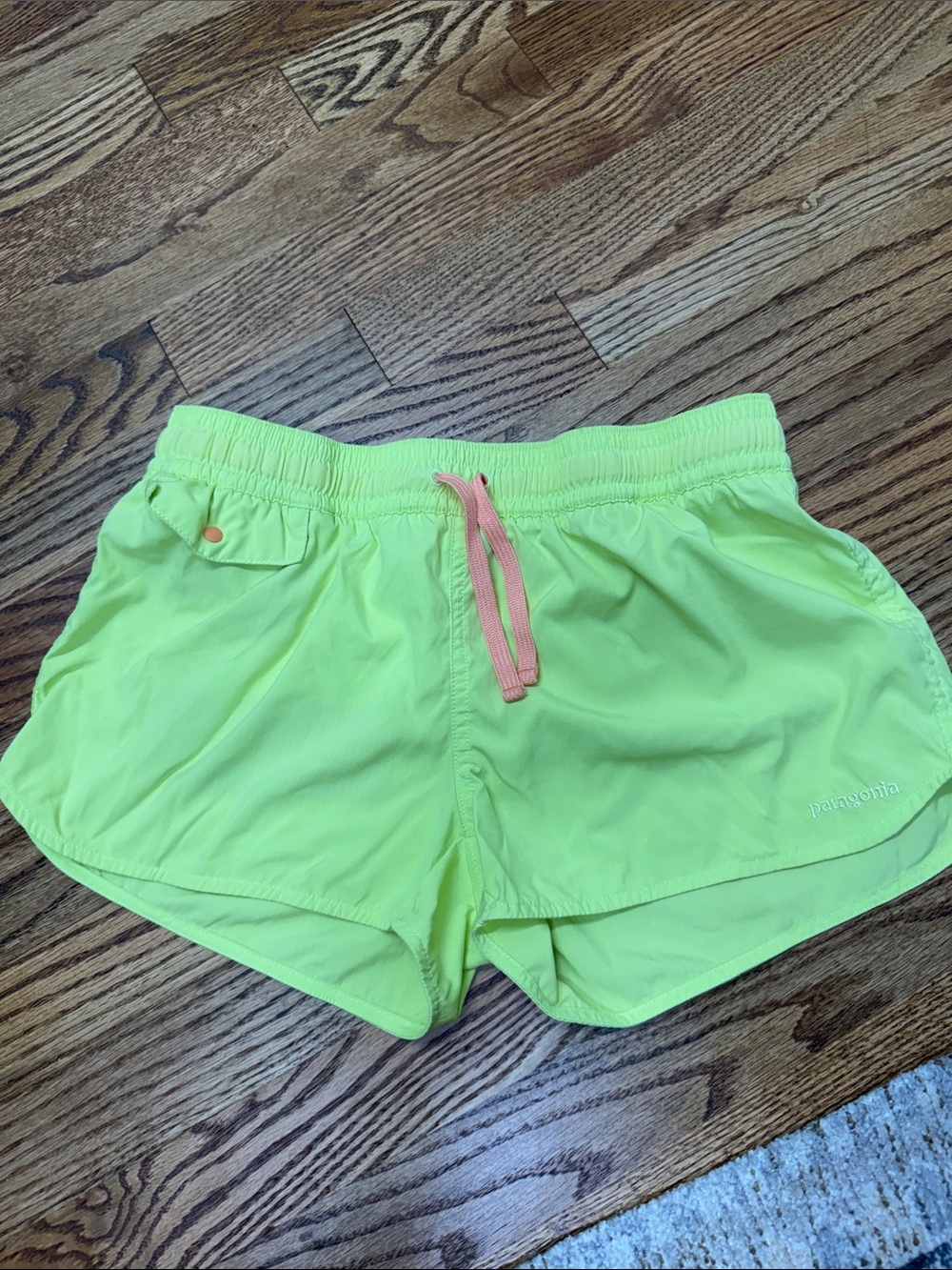 Patagonia Women's Neon Yellow Athletic Shorts with Pink Drawstring
